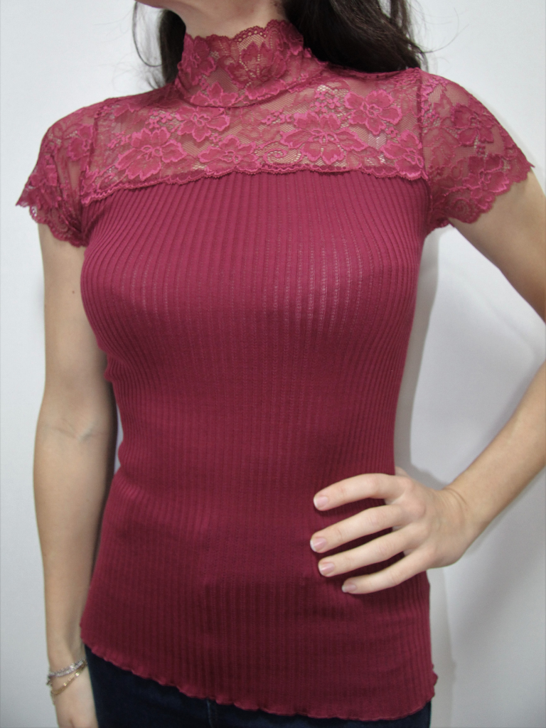 lupetto in lana a costine e pizzo