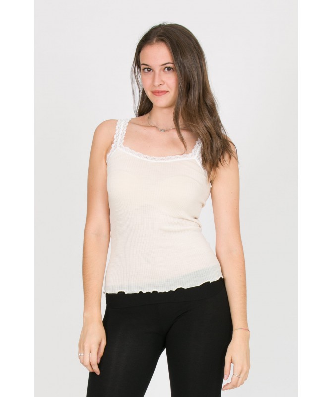 canotta in lana seta a costine con girocollo in pizzo