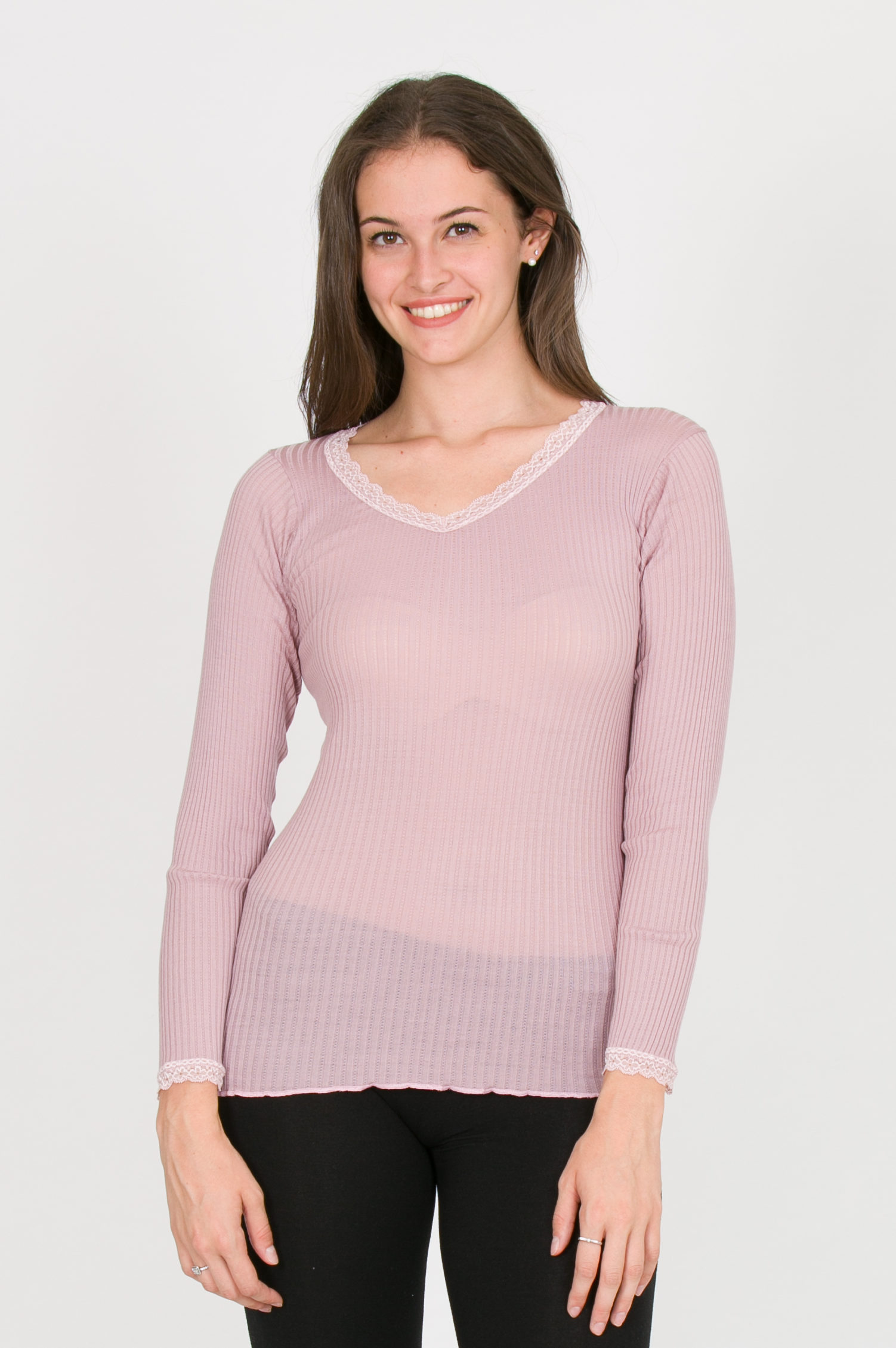 maglia rosa antico con scollo a V in pizzo