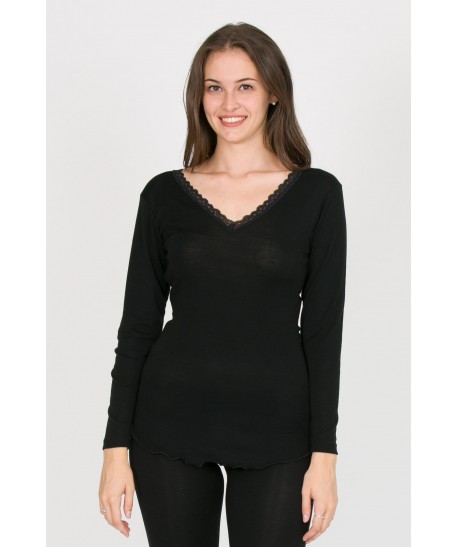 maglia nera in lana con scollo a V in pizzo